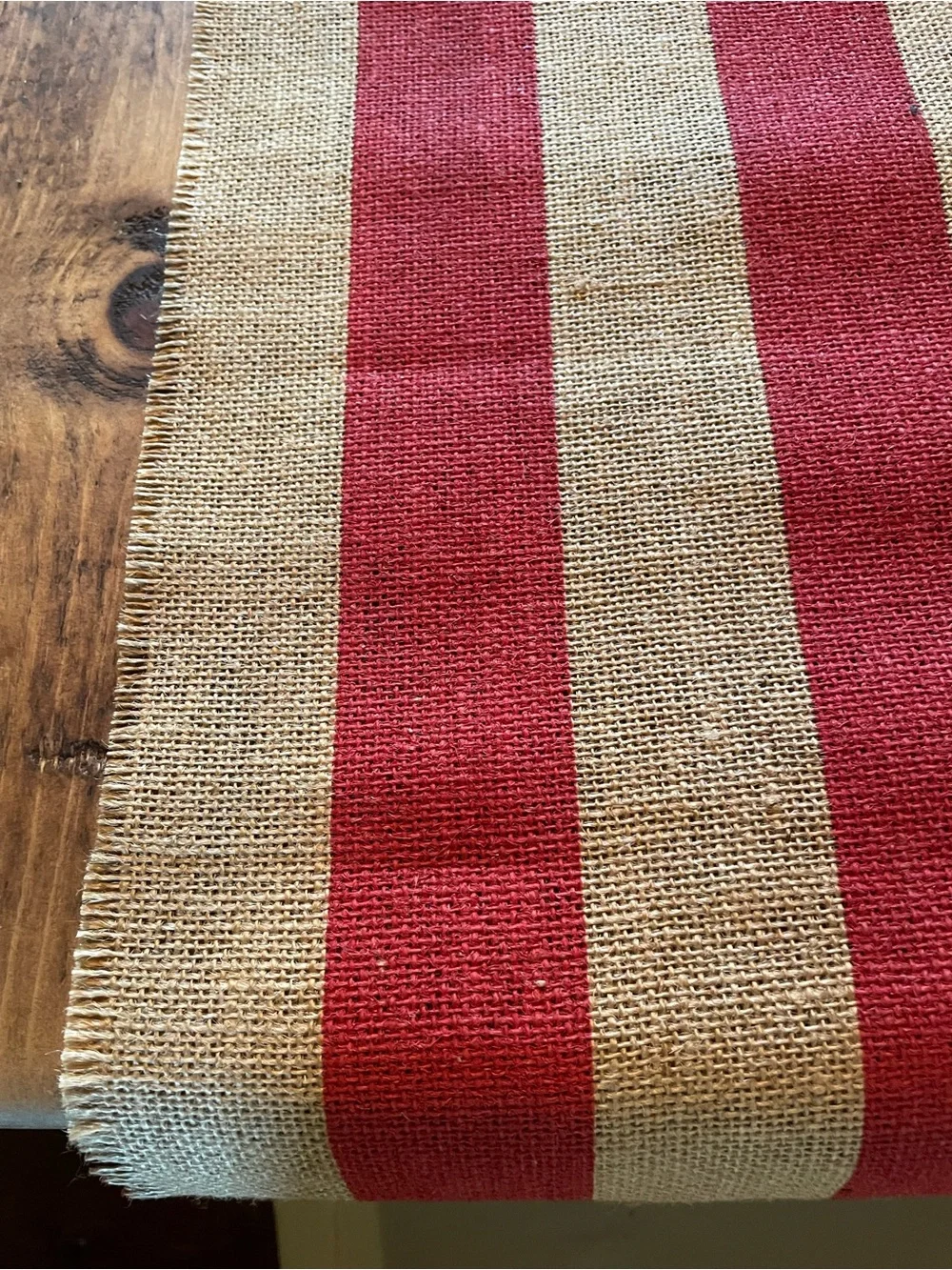 Striped Red and Natural Burlap Table Runner -